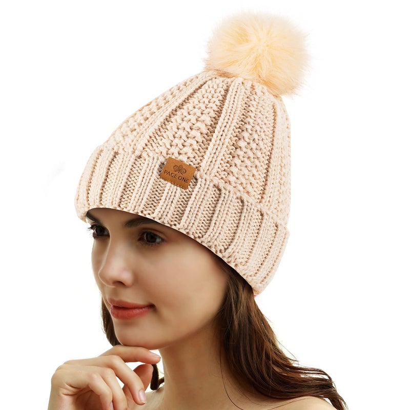 PAGE ONE Womens Winter Thick Cable Knit Beanie Faux Fur Pom Hat Fleece Lined Skull Cap Beige - Image 2